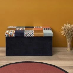 The Home Deco Factory Coffres Et Malles Banc Coffre Noir Pliable Couvercle à Motifs Patchwork Orange -Coffres et malles Soldes banc coffre noir pliable couvercle a motifs patchwork orange 2