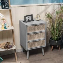 Nordlys Commodes Et Cabinets Chiffonnier 3 Tiroirs En Bois Et Rotin Gris -Coffres et malles Soldes chiffonnier 3 tiroirs en bois et rotin gris 1