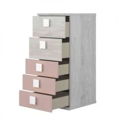Terre De Nuit Commodes Et Cabinets Chiffonnier 5 Tiroirs En Bois Gris Clair Et Rose -Coffres et malles Soldes chiffonnier 5 tiroirs en bois gris clair et rose 2