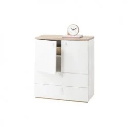 Meubletmoi Commodes Et Cabinets Commode 2 Portes 2 Tiroirs Décor Chêne Et Blanc Enfant Ado -Coffres et malles Soldes commode 2 portes 2 tiroirs decor chene et blanc enfant ado 1
