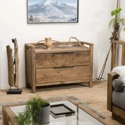 MACABANE Commodes Et Cabinets Commode 2 Tiroirs En Pin Recyclé Et Poignées En Métal Noir -Coffres et malles Soldes commode 2 tiroirs en pin recycle et poignees en metal noir 1