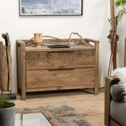 MACABANE Commodes Et Cabinets Commode 2 Tiroirs En Pin Recyclé Et Poignées En Métal Noir -Coffres et malles Soldes commode 2 tiroirs en pin recycle et poignees en metal noir 3