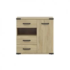 Brw Commodes Et Cabinets Commode 3 Tiroirs 1 Porte Naturel Et Noir -Coffres et malles Soldes commode 3 tiroirs 1 porte naturel et noir 2
