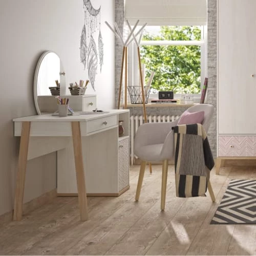 Terre De Nuit Commodes Et Cabinets Commode 3 Tiroirs 2 Niches Avec Miroir En Bois Imitation Chêne Blanchi 5 Terre De Nuit Commodes Et Cabinets Commode 3 Tiroirs 2 Niches Avec Miroir En Bois Imitation Chêne Blanchi – Image 3