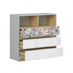 Brw Commodes Et Cabinets Commode 3 Tiroirs 2 Niches Gris Blanc Et Sticker -Coffres et malles Soldes commode 3 tiroirs 2 niches gris blanc et sticker 2