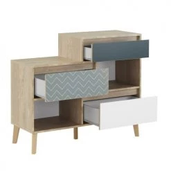 Calicosy Commodes Et Cabinets Commode 3 Tiroirs 2 Niches - Marron, Vert Et Blanc -Coffres et malles Soldes commode 3 tiroirs 2 niches marron vert et blanc 2