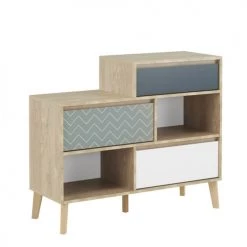 Calicosy Commodes Et Cabinets Commode 3 Tiroirs 2 Niches - Marron, Vert Et Blanc -Coffres et malles Soldes commode 3 tiroirs 2 niches marron vert et blanc 5