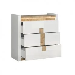 Brw Commodes Et Cabinets Commode 3 Tiroirs Avec Led Blanc Laqué Et Naturel -Coffres et malles Soldes commode 3 tiroirs avec led blanc laque et naturel 2