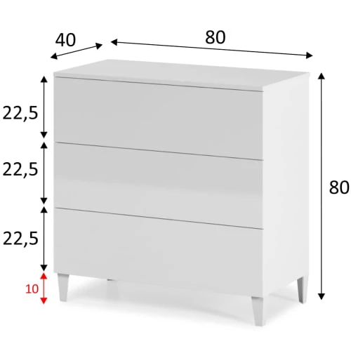 HOMN Commodes Et Cabinets Commode 3 Tiroirs Couleur Blanc Brillant, Longueur80 Cm 5 HOMN Commodes Et Cabinets Commode 3 Tiroirs Couleur Blanc Brillant, Longueur80 Cm – Image 3
