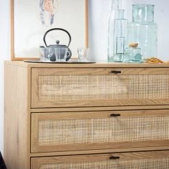 Casâme Commodes Et Cabinets Commode 3 Tiroirs Décor Chêne Et Façade En Rotin - L80 X P39 Cm -Coffres et malles Soldes commode 3 tiroirs decor chene et facade en rotin l80 x p39 cm 3