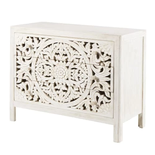 Maisons Du Monde Commodes Et Cabinets Commode 3 Tiroirs En Manguier Massif Sculpté Blanc 4 Maisons Du Monde Commodes Et Cabinets Commode 3 Tiroirs En Manguier Massif Sculpté Blanc – Image 2