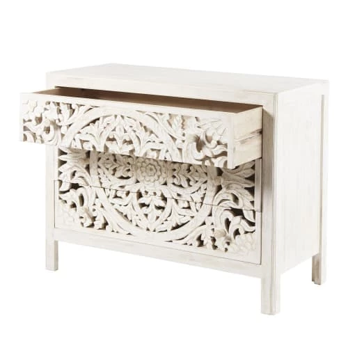 Maisons Du Monde Commodes Et Cabinets Commode 3 Tiroirs En Manguier Massif Sculpté Blanc 5 Maisons Du Monde Commodes Et Cabinets Commode 3 Tiroirs En Manguier Massif Sculpté Blanc – Image 3