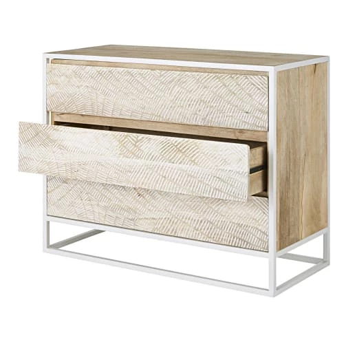 Maisons Du Monde Commodes Et Cabinets Commode 3 Tiroirs En Manguier Massif Sculpté Et Métal Blanc 4 Maisons Du Monde Commodes Et Cabinets Commode 3 Tiroirs En Manguier Massif Sculpté Et Métal Blanc – Image 2