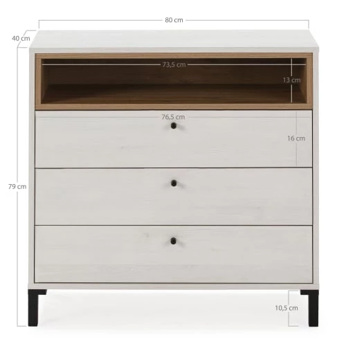 HOMN Commodes Et Cabinets Commode 3 Tiroirs Et 1 Niche, Couleur Blanc Et Bois, 80 Cm Longueur 6 HOMN Commodes Et Cabinets Commode 3 Tiroirs Et 1 Niche, Couleur Blanc Et Bois, 80 Cm Longueur – Image 4