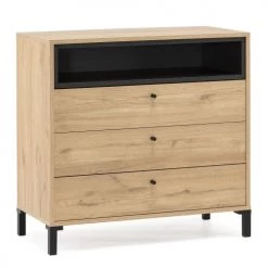 HOMN Commodes Et Cabinets Commode 3 Tiroirs Et 1 Niche, Couleur Bois Et Noire, 80 Cm Longueur