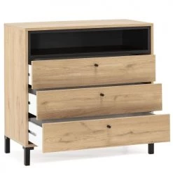 HOMN Commodes Et Cabinets Commode 3 Tiroirs Et 1 Niche, Couleur Bois Et Noire, 80 Cm Longueur -Coffres et malles Soldes commode 3 tiroirs et 1 niche couleur bois et noire 80 cm longueur 5