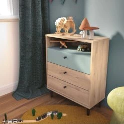 Calicosy Commodes Et Cabinets Commode 3 Tiroirs Et 1 Niche - L61 X H76 Cm - Bois / Vert -Coffres et malles Soldes commode 3 tiroirs et 1 niche l61 x h76 cm bois vert 1