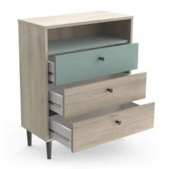 Calicosy Commodes Et Cabinets Commode 3 Tiroirs Et 1 Niche - L61 X H76 Cm - Bois / Vert -Coffres et malles Soldes commode 3 tiroirs et 1 niche l61 x h76 cm bois vert 3