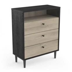 Calicosy Commodes Et Cabinets Commode 3 Tiroirs Et 1 Niche - L61 X H76 Cm - Noir/bois -Coffres et malles Soldes commode 3 tiroirs et 1 niche l61 x h76 cm noir bois 2