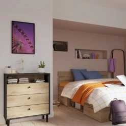 Calicosy Commodes Et Cabinets Commode 3 Tiroirs Et 1 Niche - L61 X H76 Cm - Noir/bois -Coffres et malles Soldes commode 3 tiroirs et 1 niche l61 x h76 cm noir bois 5