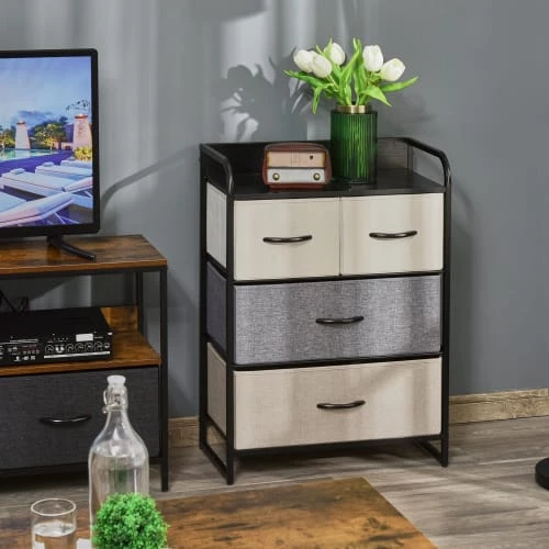 Homcom Commodes Et Cabinets Commode 4 Tiroir Tissu Gris Beige écru Châssis Métal Noir 4 Homcom Commodes Et Cabinets Commode 4 Tiroir Tissu Gris Beige écru Châssis Métal Noir – Image 2