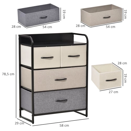 Homcom Commodes Et Cabinets Commode 4 Tiroir Tissu Gris Beige écru Châssis Métal Noir 5 Homcom Commodes Et Cabinets Commode 4 Tiroir Tissu Gris Beige écru Châssis Métal Noir – Image 3