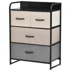 Homcom Commodes Et Cabinets Commode 4 Tiroir Tissu Gris Beige écru Châssis Métal Noir