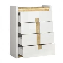 Brw Commodes Et Cabinets Commode 4 Tiroirs Avec Led Blanc Laqué Et Naturel -Coffres et malles Soldes commode 4 tiroirs avec led blanc laque et naturel 2
