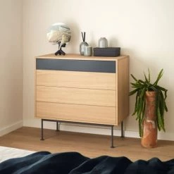 TEULAT Commodes Et Cabinets Commode 4 Tiroirs En Bois L90xH45cm Gris Anthracite -Coffres et malles Soldes commode 4 tiroirs en bois l90xh45cm gris anthracite 1