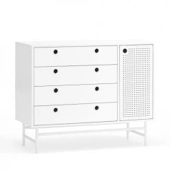 TEULAT Commodes Et Cabinets Commode 4 Tiroirs Et 1 Porte En Blanc, 97 Cm Longueur