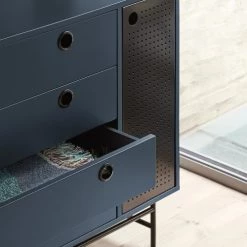 TEULAT Commodes Et Cabinets Commode 4 Tiroirs Et 1 Porte En Bleu Foncé Et Noir, 97 Cm Longueur -Coffres et malles Soldes commode 4 tiroirs et 1 porte en bleu fonce et noir 97 cm longueur 2