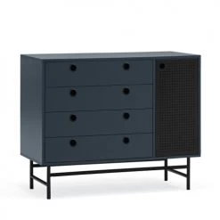 TEULAT Commodes Et Cabinets Commode 4 Tiroirs Et 1 Porte En Bleu Foncé Et Noir, 97 Cm Longueur