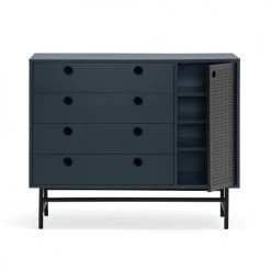 TEULAT Commodes Et Cabinets Commode 4 Tiroirs Et 1 Porte En Bleu Foncé Et Noir, 97 Cm Longueur -Coffres et malles Soldes commode 4 tiroirs et 1 porte en bleu fonce et noir 97 cm longueur 4