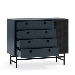 TEULAT Commodes Et Cabinets Commode 4 Tiroirs Et 1 Porte En Bleu Foncé Et Noir, 97 Cm Longueur -Coffres et malles Soldes commode 4 tiroirs et 1 porte en bleu fonce et noir 97 cm longueur 5