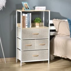 Homcom Commodes Et Cabinets Commode 4 Tiroirs Tissu Gris étagères Bois Clair Châssis Métal Blanc -Coffres et malles Soldes commode 4 tiroirs tissu gris etageres bois clair chassis metal blanc 1