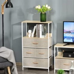 Homcom Commodes Et Cabinets Commode 4 Tiroirs Tissu Gris étagères Bois Clair Châssis Métal Blanc -Coffres et malles Soldes commode 4 tiroirs tissu gris etageres bois clair chassis metal blanc 3