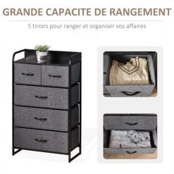 Homcom Commodes Et Cabinets Commode 5 Tiroirs Tissu Gris Châssis Métal Noir -Coffres et malles Soldes commode 5 tiroirs tissu gris chassis metal noir 3