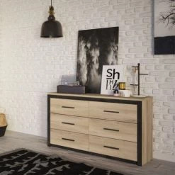 Calicosy Commodes Et Cabinets Commode 6 Tiroirs Décor Chêne Et Noir - L129 Cm -Coffres et malles Soldes commode 6 tiroirs decor chene et noir l129 cm 1