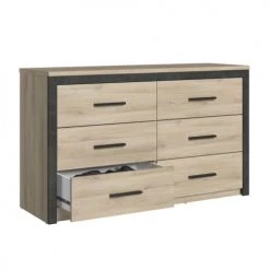 Calicosy Commodes Et Cabinets Commode 6 Tiroirs Décor Chêne Et Noir - L129 Cm -Coffres et malles Soldes commode 6 tiroirs decor chene et noir l129 cm 2