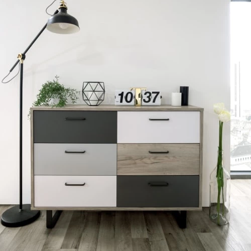 Homifab Commodes Et Cabinets Commode 6 Tiroirs Multicolore Gris Et Chêne 120 Cm 4 Homifab Commodes Et Cabinets Commode 6 Tiroirs Multicolore Gris Et Chêne 120 Cm – Image 2