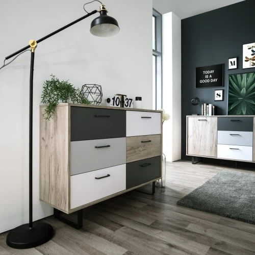 Homifab Commodes Et Cabinets Commode 6 Tiroirs Multicolore Gris Et Chêne 120 Cm 5 Homifab Commodes Et Cabinets Commode 6 Tiroirs Multicolore Gris Et Chêne 120 Cm – Image 3