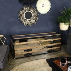 Now’s Home Commodes Et Cabinets Commode Basse 1 Coffre 2 Tiroirs En Acier Inoxydable Et Cuir -Coffres et malles Soldes commode basse 1 coffre 2 tiroirs en acier inoxydable et cuir 1