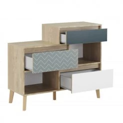 Meubletmoi Commodes Et Cabinets Commode Décor Chêne, Blanc, Bleu -Coffres et malles Soldes commode decor chene blanc bleu 3