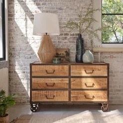 Maisons Du Monde Commodes Et Cabinets Commode Double 6 Tiroirs En Bois De Manguier Et Métal Gris à Roulettes -Coffres et malles Soldes commode double 6 tiroirs en bois de manguier et metal gris a roulettes 1000 3 40 219677 4