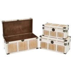 LolaHome Coffres Et Malles Set De 3 Malles En Bois De Pin Blanchi Et Osier 80x40x41cm -Coffres et malles Soldes set de 3 malles en bois de pin blanchi et osier 80x40x41cm 1