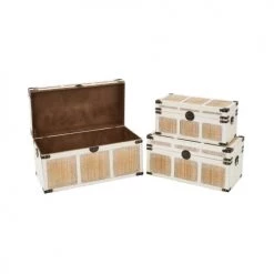 LolaHome Coffres Et Malles Set De 3 Malles En Bois De Pin Blanchi Et Osier 80x40x41cm -Coffres et malles Soldes set de 3 malles en bois de pin blanchi et osier 80x40x41cm 4